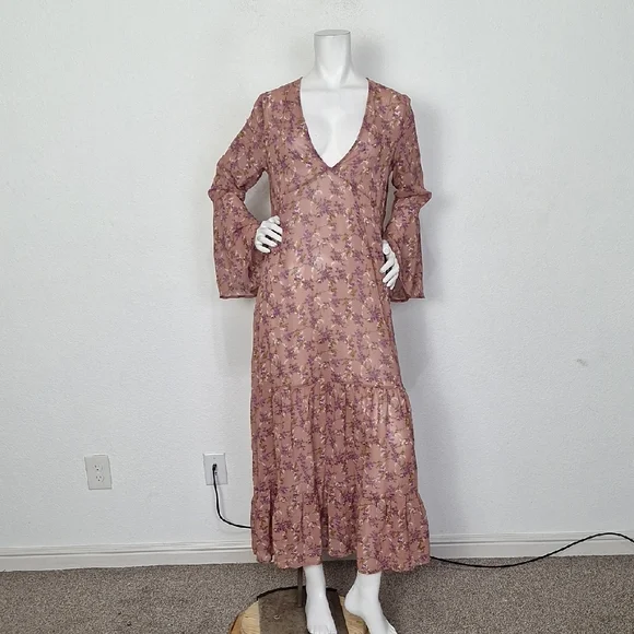 Natural Life Boho Floral Cottagecore Prairie Feminine Bell Sleeve Maxi Dress *M - Picture 2 of 13